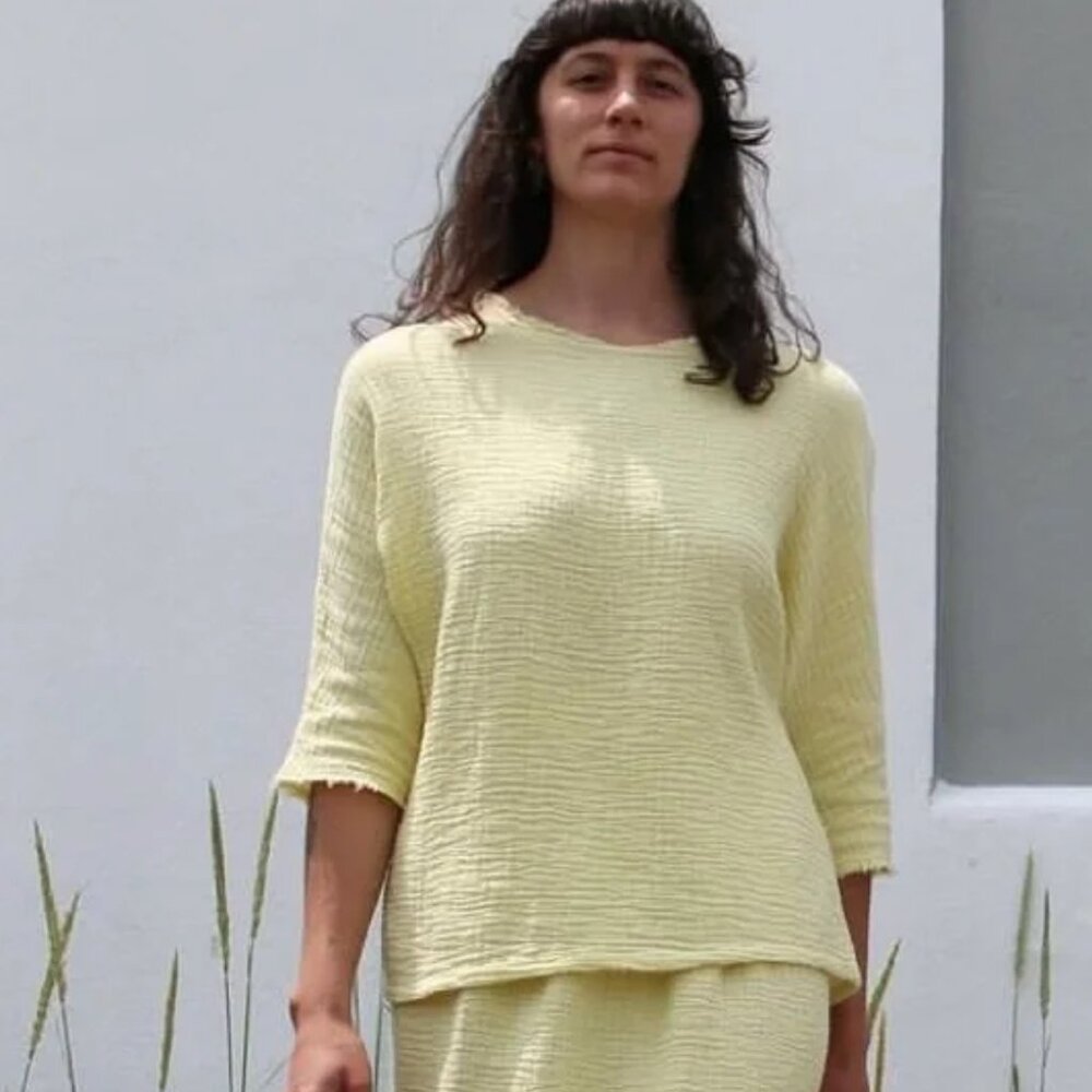 Textured Light Yellow Women's Crewneck Blouse